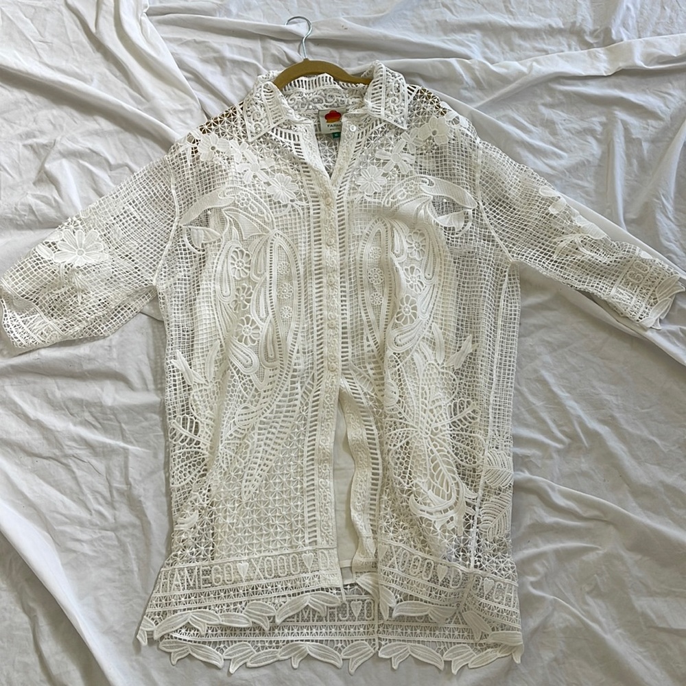 FARM RIO TROPICAL WIND GUIPURE LACE SHIRT DRESS